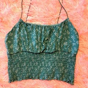 LA Hearts Crop Tank Top Floral Green Smocked Sleeveless
